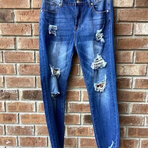 Rosette/ Leopard Distressed Semi - Skinny Leg Jeans ( Size: Large)